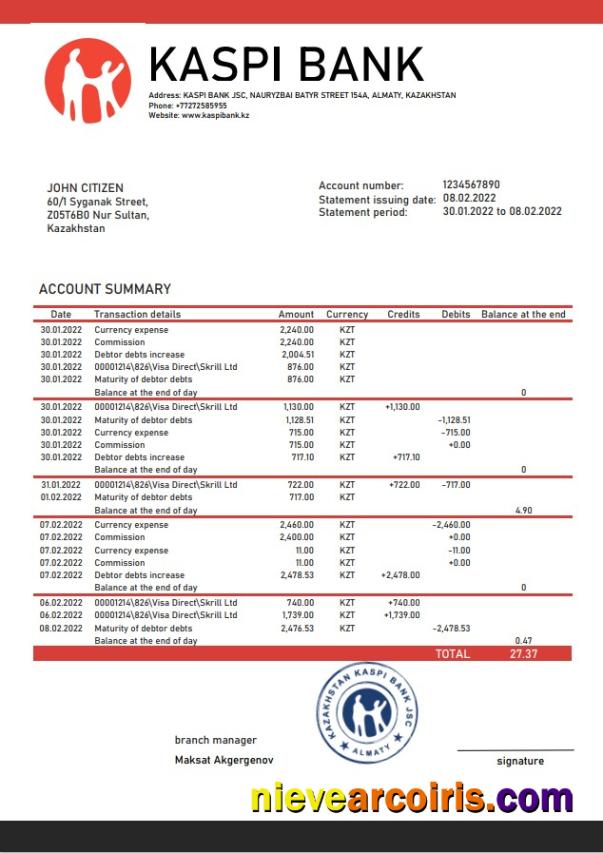 Kazakhstan Kaspi Bank statement
